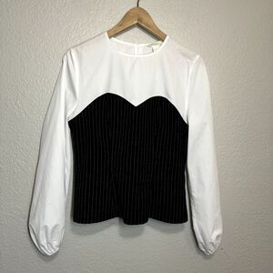 HM Blouse White Navy Striped Faux Bustier Long Sleeve Corporate Formal Women M